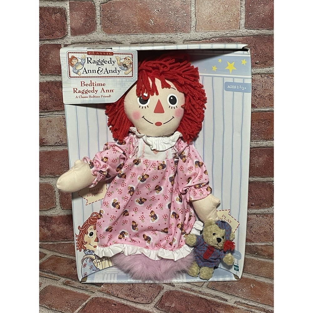 Bedtime Raggedy Ann Doll 2002 Hasbro 17" Plush Furry Slippers w/Teddy Bear NIB